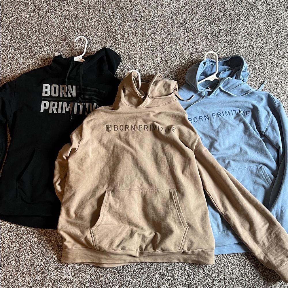 Born Primitive Pullover Hoodies in Black, Tan, Light Blue